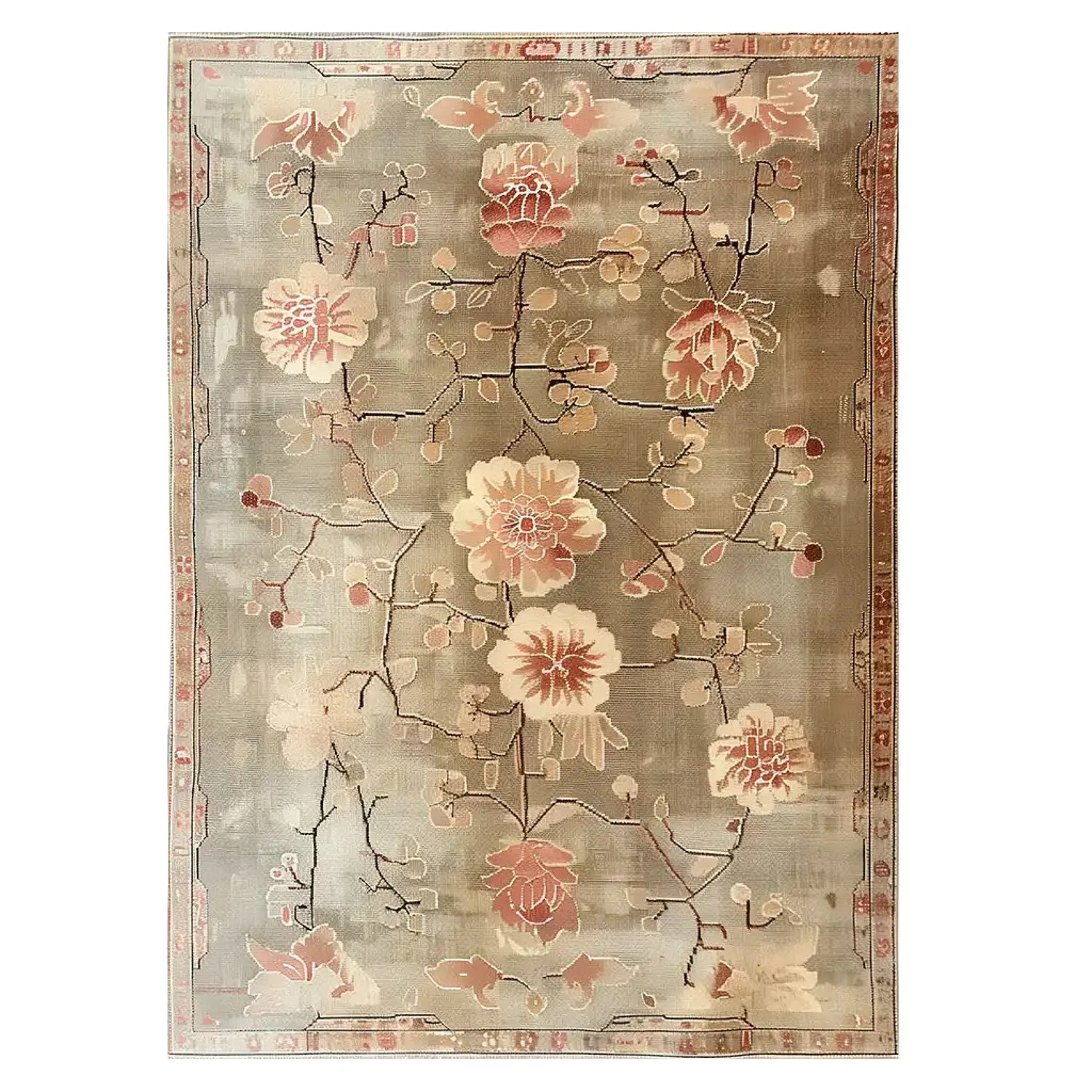Top view of the Blooming Grace Knotted Wool Rug featuring a beautiful floral design in soft pinks and creams against a neutral gray background. The intricate detailing and elegant patterns make this area rug a stunning centerpiece for any room.