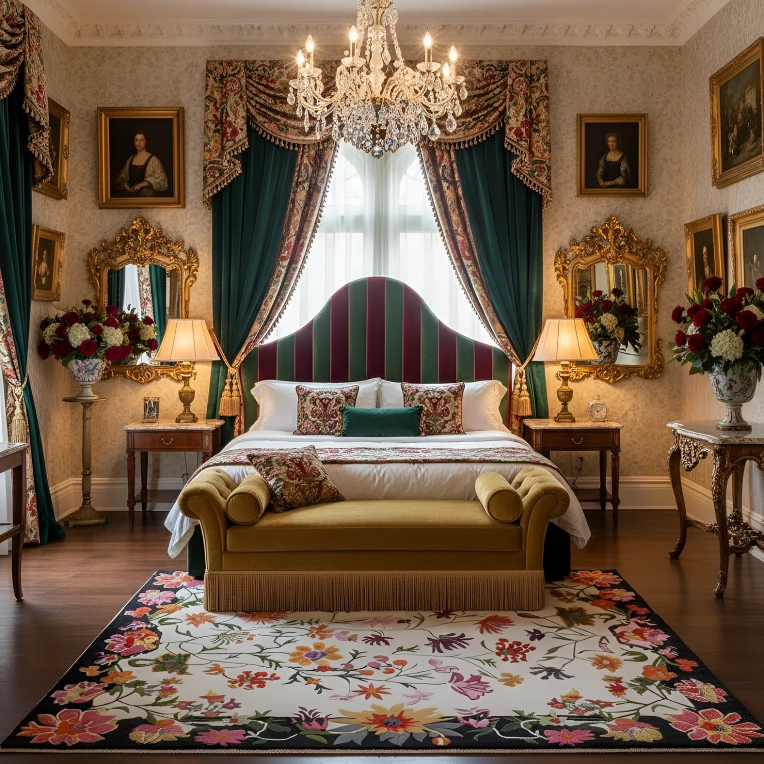 Luxurious bedroom with a grand bed, a floral wool rug, ornate chandelier, and decorative walls.