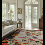 Elegant living room featuring a Blooming Ivory Garden Hand Tufted Area Rug. The wool rug showcases a vibrant floral design, adding a touch of nature to the spacious, sunlit room. Perfect for those seeking large living room rugs that offer both style and comfort.