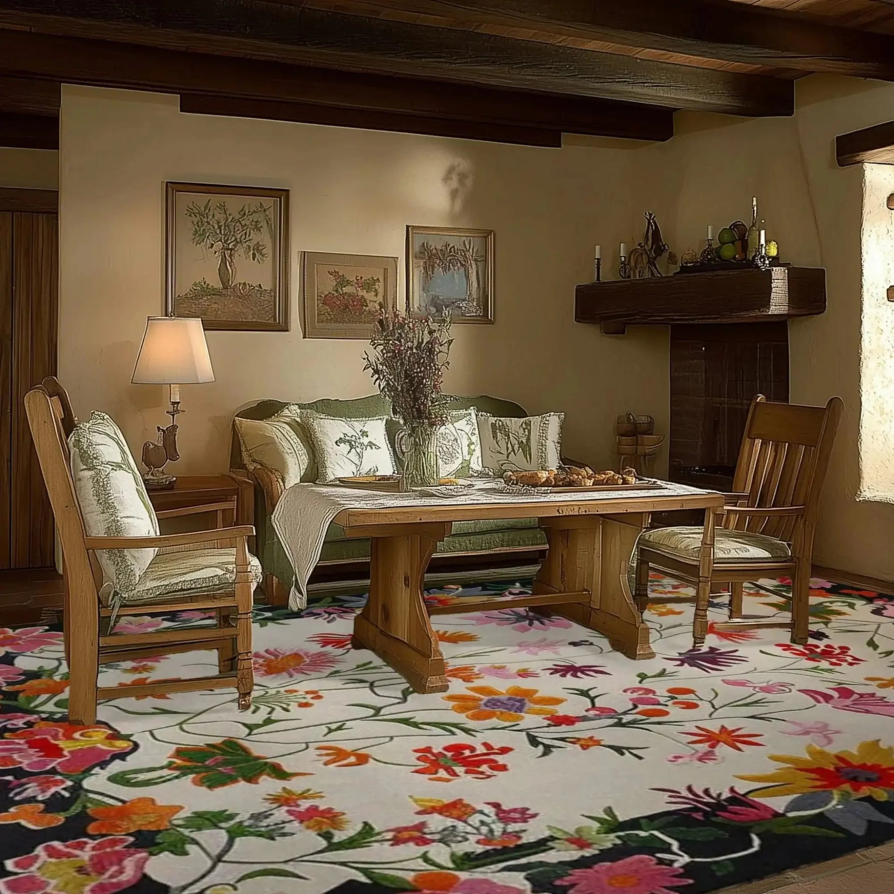A beautifully designed Blooming Ivory Garden Hand Tufted Area Rug graces the floor of a cozy living room. This large living room rug, made from high-quality wool, features vibrant floral patterns that add a touch of elegance and warmth to the space. The rug perfectly complements the rustic wooden furniture and soft lighting, creating an inviting atmosphere.