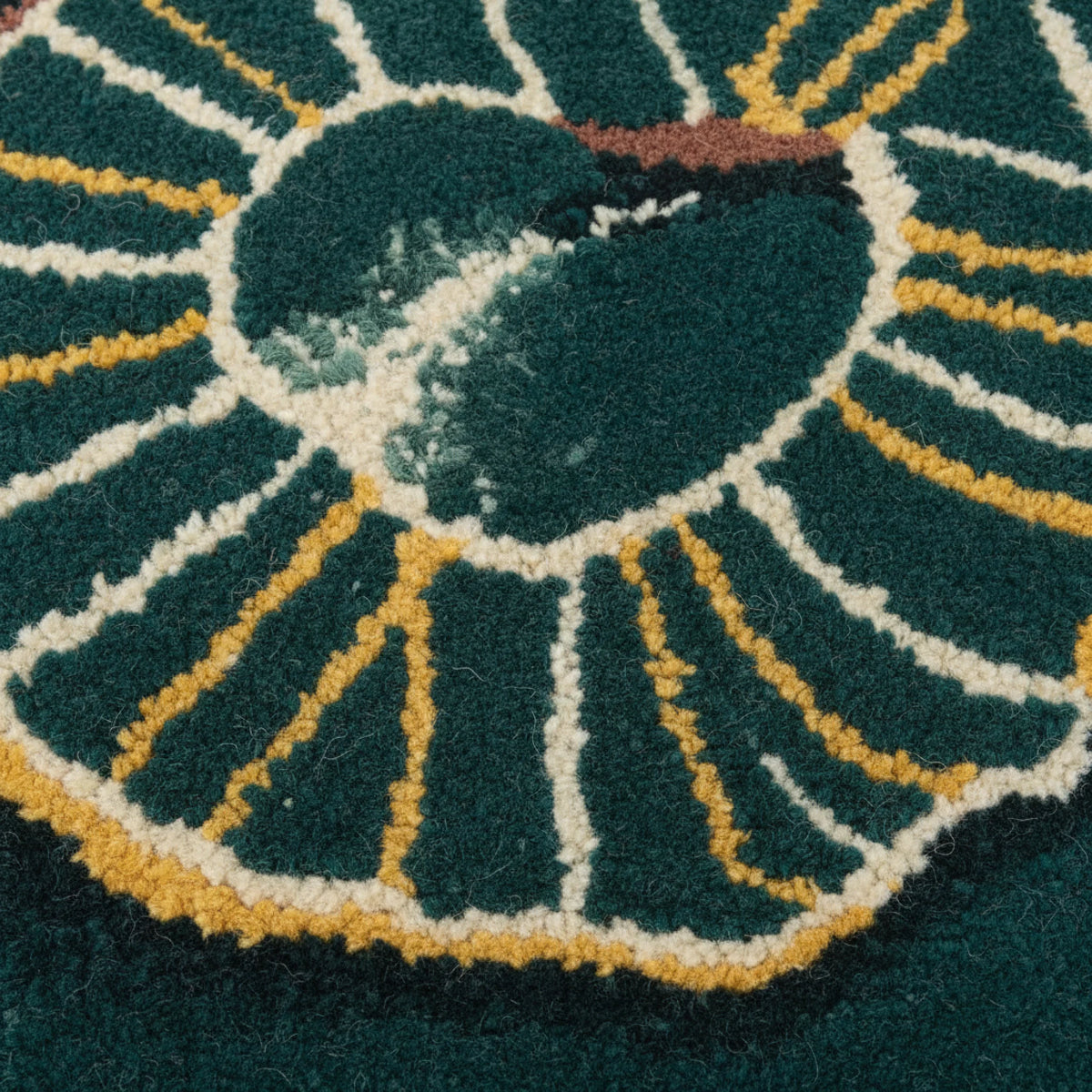 Close-up of a rug, circular design with concentric circles on a dark green background.