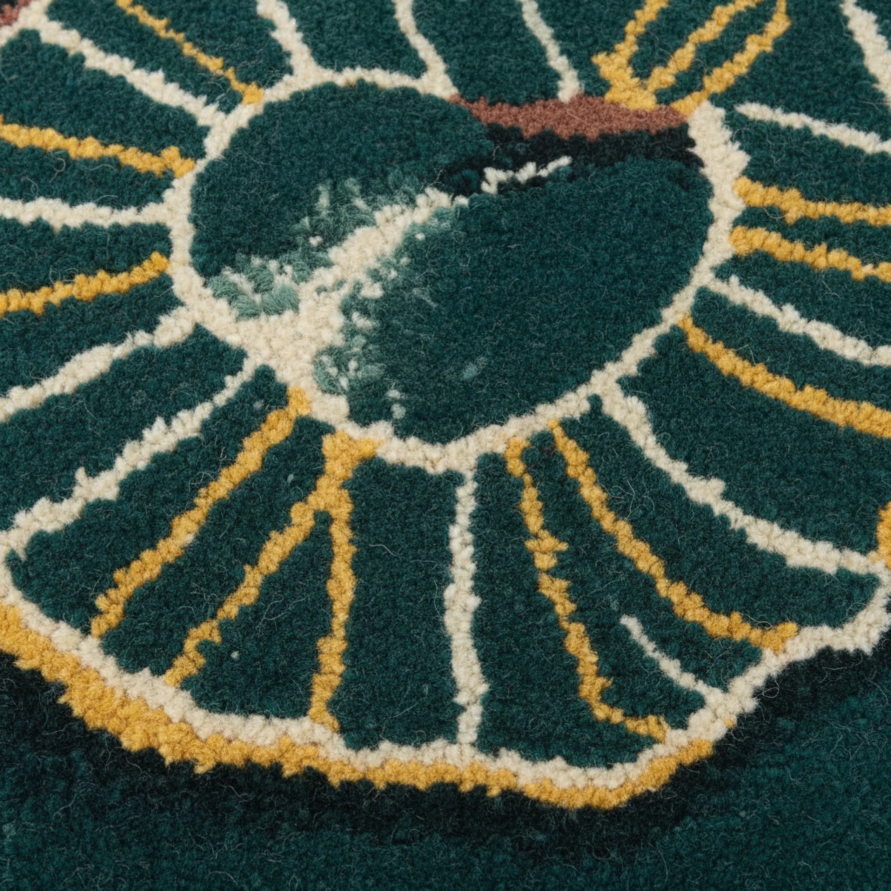 Close-up of a rug, circular design with concentric circles on a dark green background.