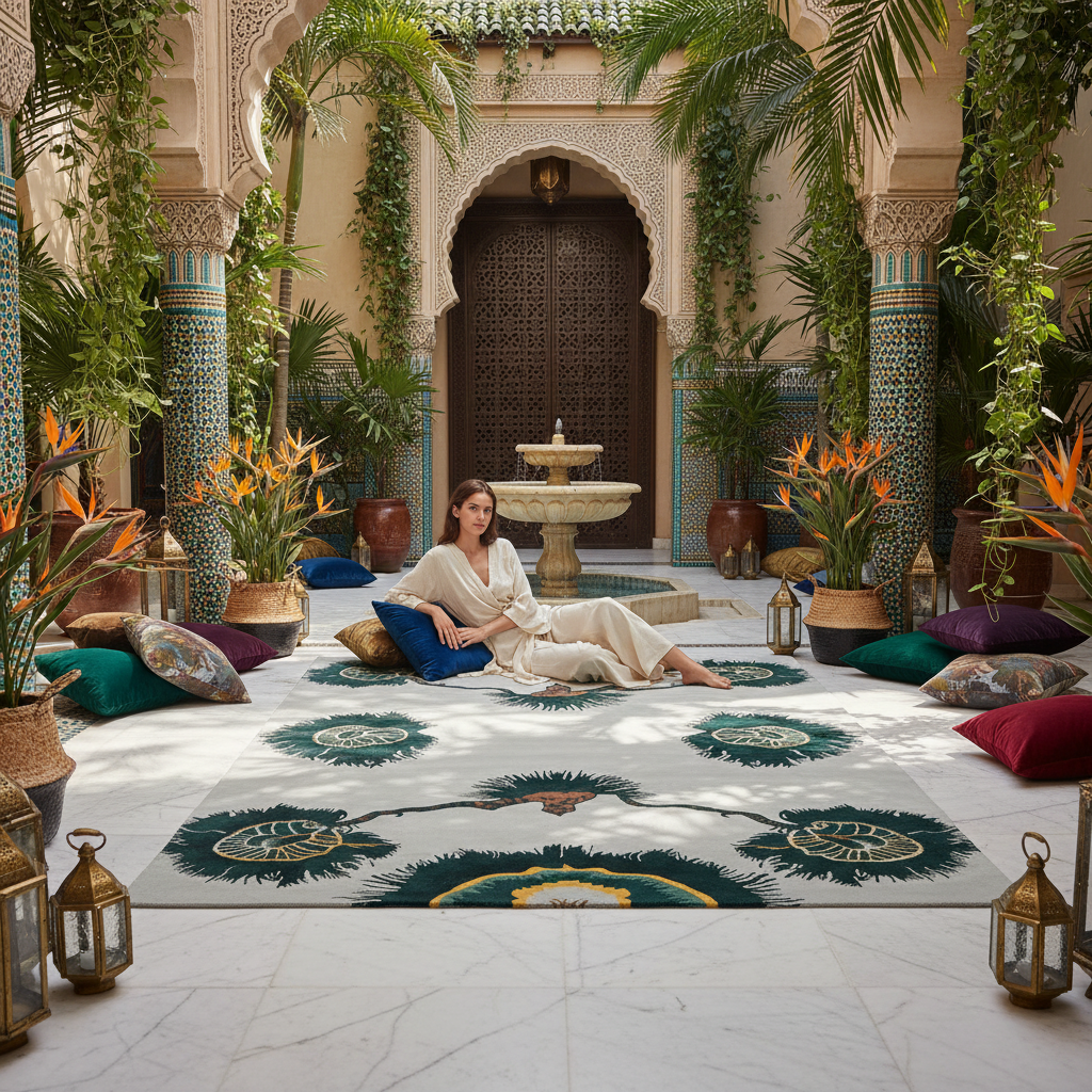 Woman sitting on a decorative rug in a courtyard with plants and a fountain.