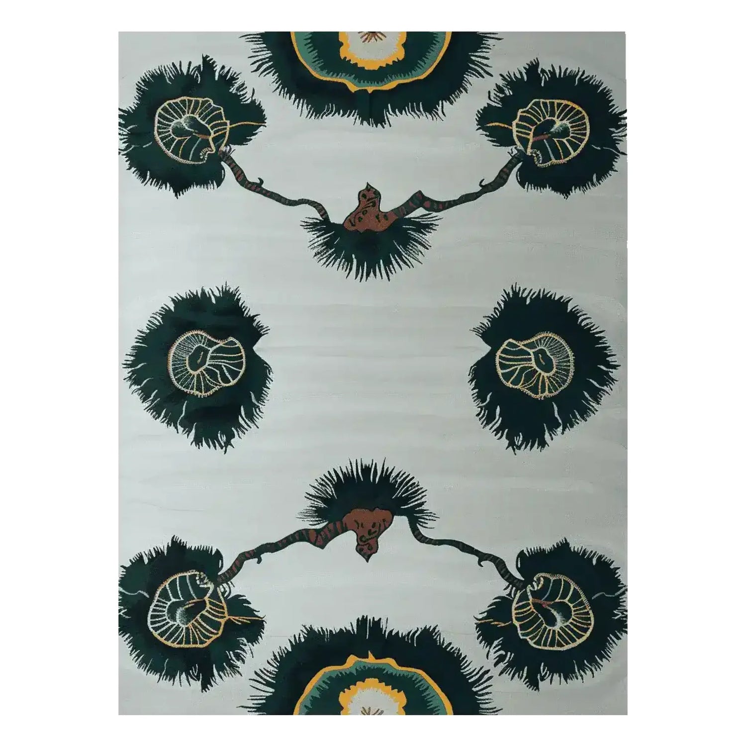 A top view of the Blooming Serenity Spell Hand Tufted Rug, showcasing a contemporary design with intricate abstract floral motifs. This wool rug features a soothing palette with deep green and golden accents, perfect for living room area rugs enthusiasts seeking elegance and style.