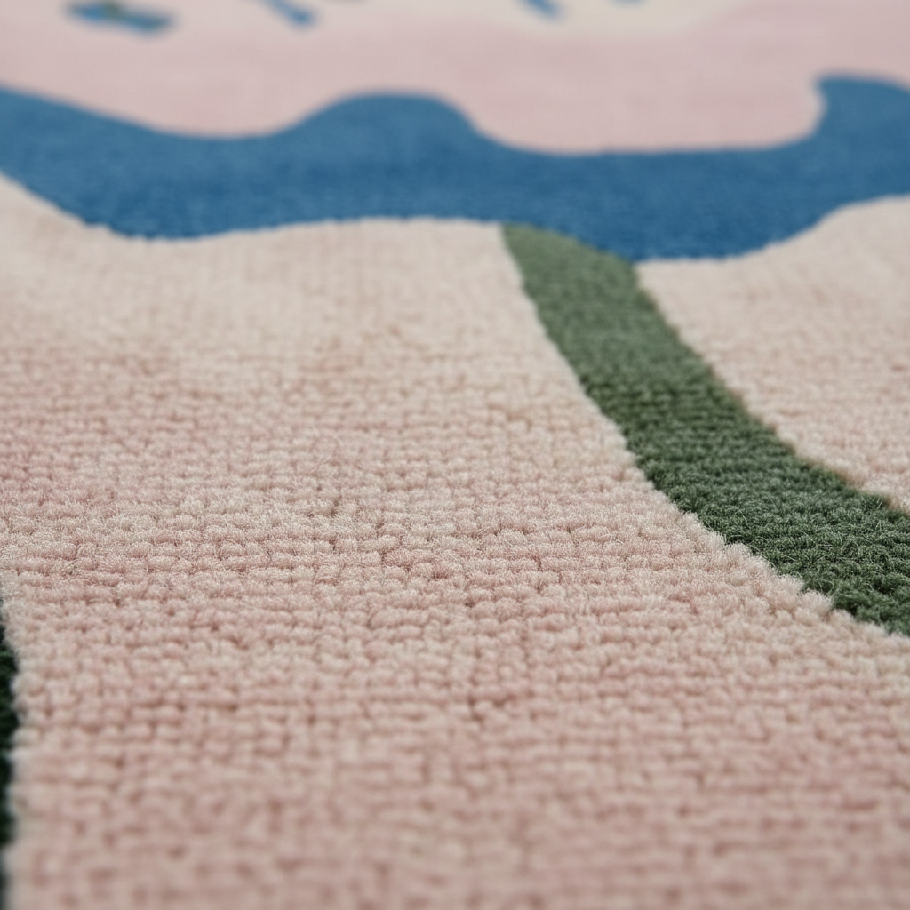 Close-up of a textured rug with pink, blue, and green colors.