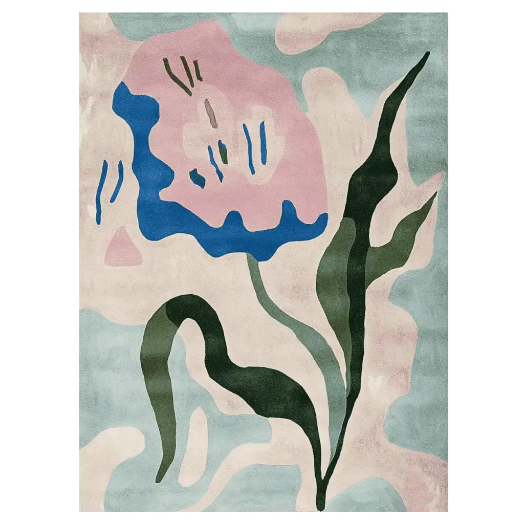 Top view of the Blooming Shape Symphony Hand Tufted Rug, a contemporary area rug featuring an abstract floral design in pink, blue, and green tones. This elegant wool rug is perfect for adding a touch of modern art to living room spaces, especially fitting for living room rugs 8x10.