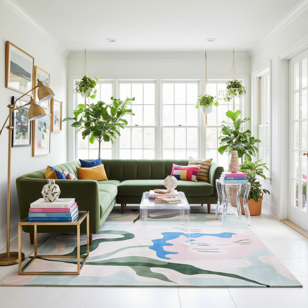 Modern living room with a green sectional sofa, colorful rug, and pillows, and decorative items.