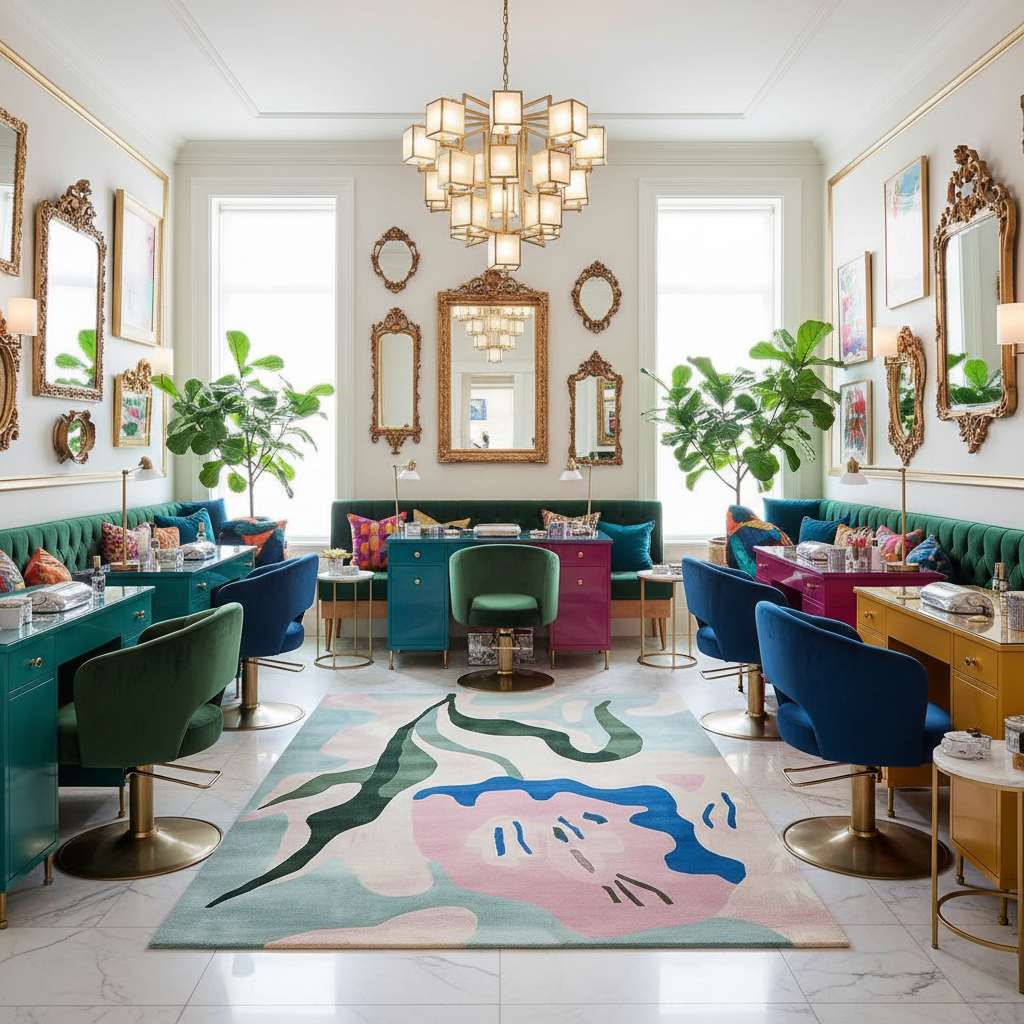 Modern nail salon interior with colorful chairs, a floral rug, and decorative mirrors.