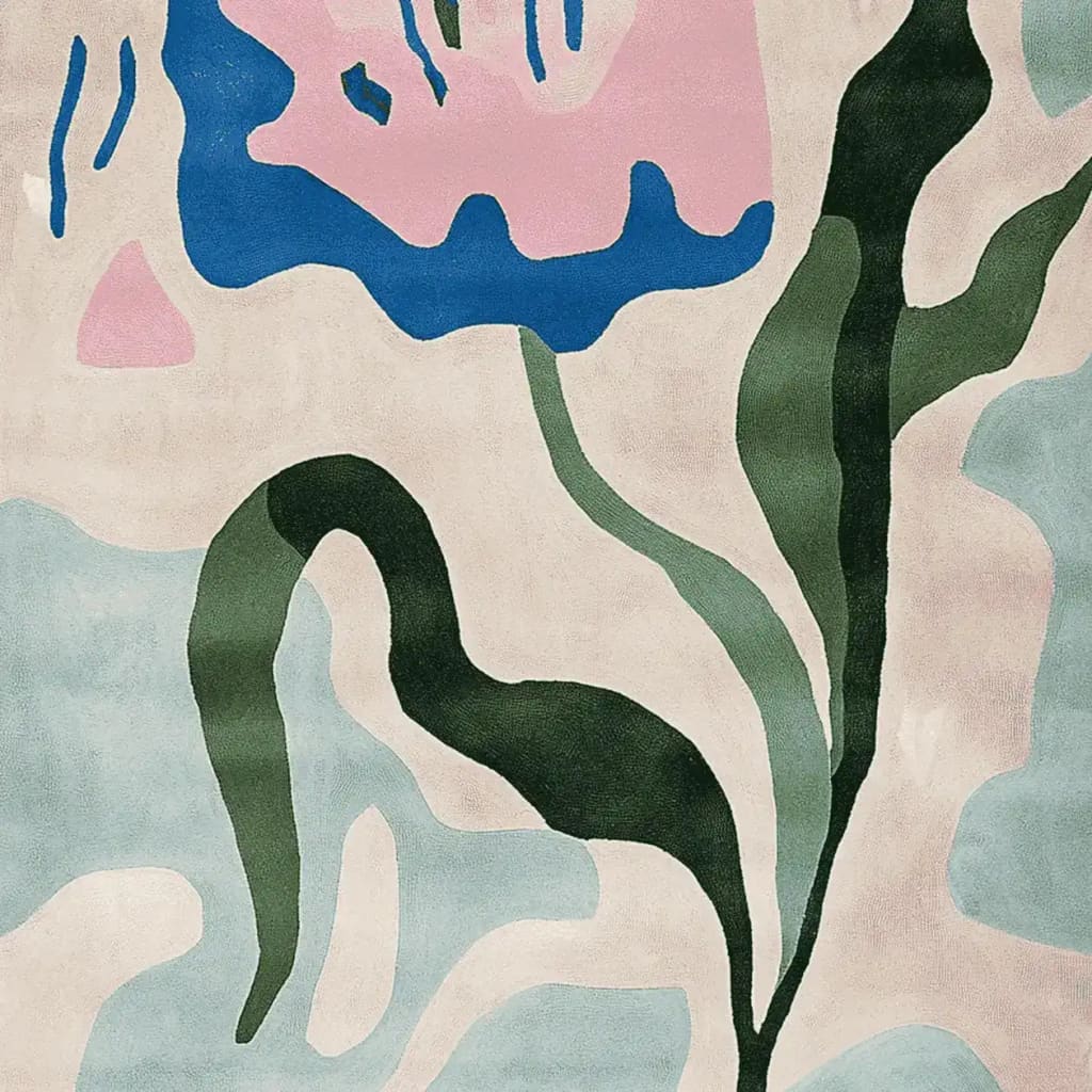 A vibrant hand-tufted area rug featuring an abstract floral design with flowing green leaves and bold pink and blue shapes. Perfect for contemporary living room decor, this wool rug adds a splash of color and style to any space. Ideal for those seeking modern 8x10 living room area rugs.