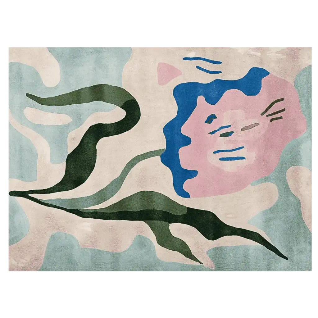 Top view of the Blooming Shape Symphony Hand Tufted Rug, a contemporary area rug featuring abstract floral patterns in pink, blue, and green hues. This wool rug is an ideal choice for living room area rugs, especially in an 8x10 size, adding a vibrant artistic touch to any space.