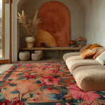 A beautifully styled living room featuring the Blooming Symphony Hand Tufted Rug, an exquisite area rug with vibrant floral patterns. This wool rug adds a touch of elegance and warmth, perfectly complementing the cozy beige sofa and natural decor elements. Ideal for enhancing any living room space with its intricate design and luxurious feel.