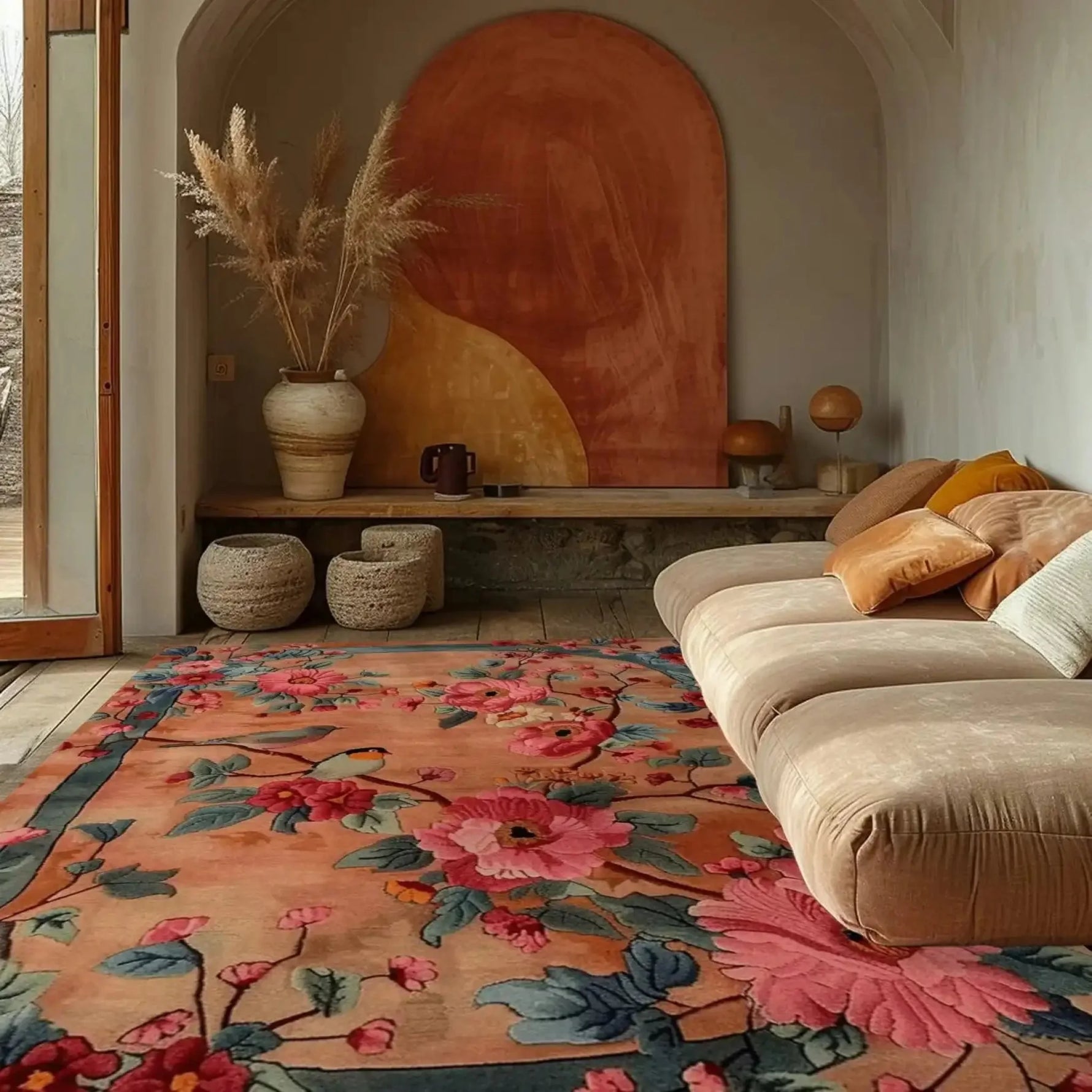 A beautifully styled living room featuring the Blooming Symphony Hand Tufted Rug, an exquisite area rug with vibrant floral patterns. This wool rug adds a touch of elegance and warmth, perfectly complementing the cozy beige sofa and natural decor elements. Ideal for enhancing any living room space with its intricate design and luxurious feel.