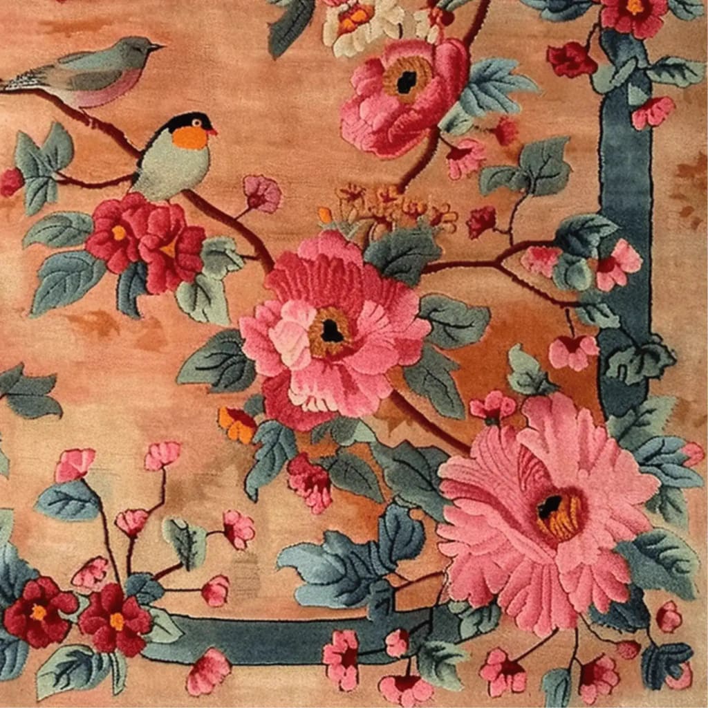 This is a beautifully detailed Blooming Symphony Hand Tufted Area Rug, perfect for enhancing your living room decor. The rug features an intricate design with vibrant pink and blue flowers set against a warm peach background, capturing the essence of a wool rug. Ideal for those seeking elegant living room area rugs, this piece adds a touch of nature and sophistication to any space.