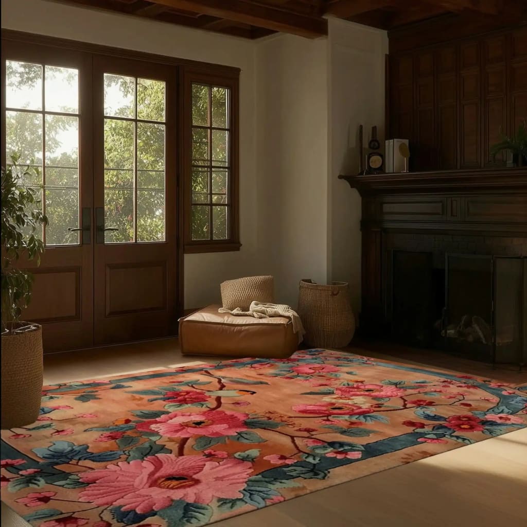 A beautifully designed Blooming Symphony hand tufted area rug displayed in a cozy living room. The wool rug features vibrant floral patterns in shades of pink and green, complementing the warm, wooden interiors and natural light streaming through large windows. Perfect for enhancing the elegance of any living room space.