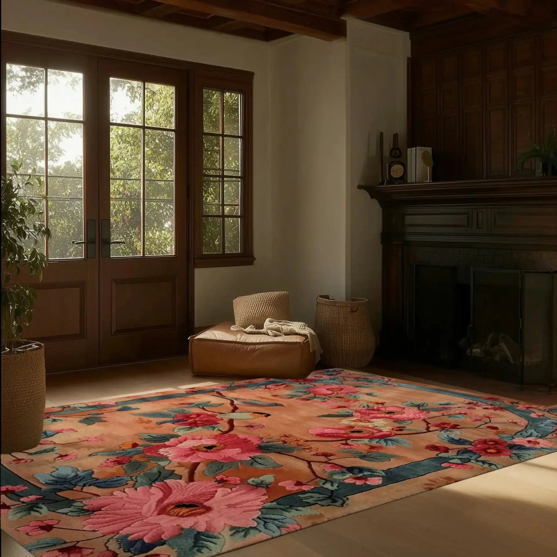A beautifully designed Blooming Symphony hand tufted area rug displayed in a cozy living room. The wool rug features vibrant floral patterns in shades of pink and green, complementing the warm, wooden interiors and natural light streaming through large windows. Perfect for enhancing the elegance of any living room space.