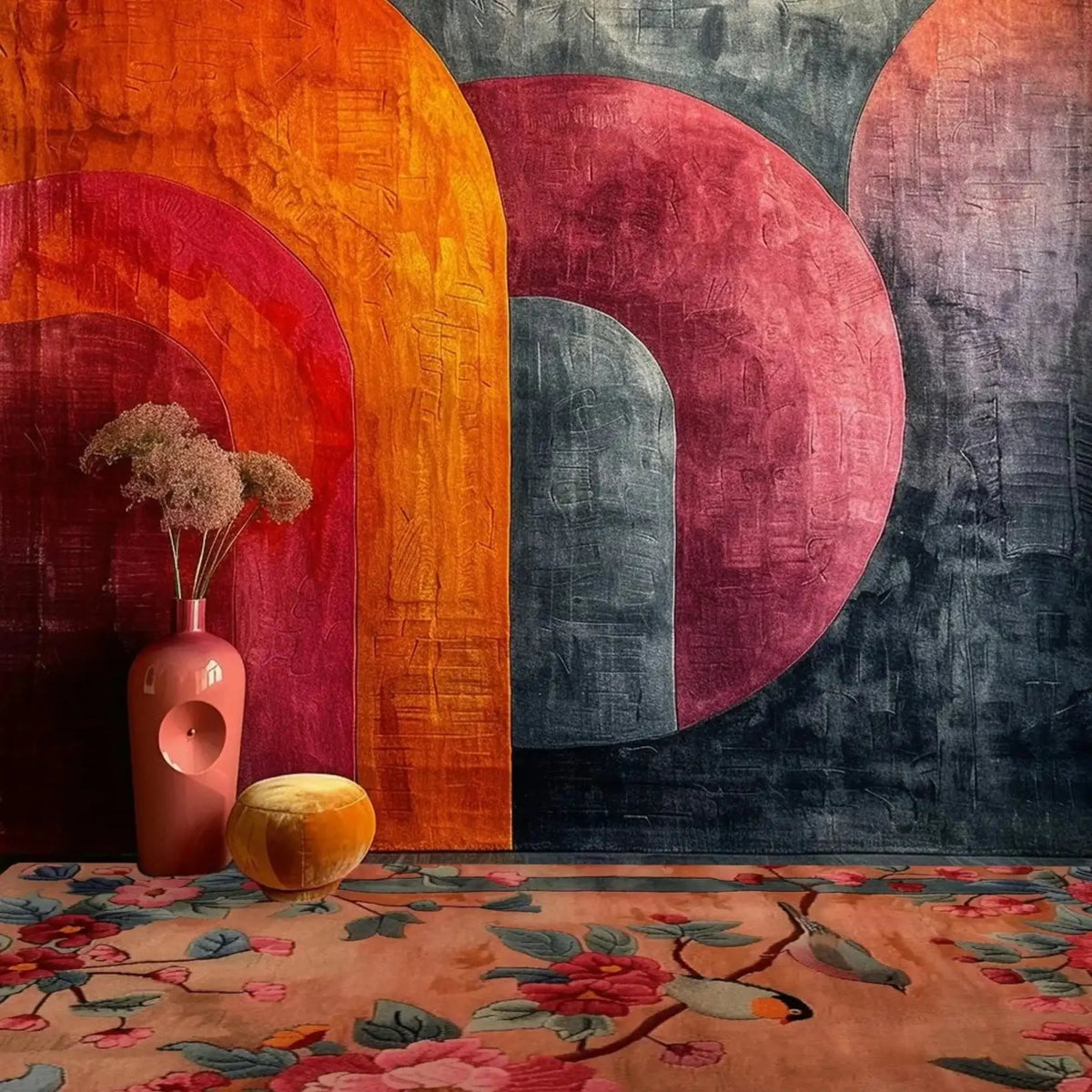 This image showcases a vibrant area rug in a living room setting, featuring a hand-tufted wool design with a floral pattern. The Blooming Symphony rug adds a touch of elegance and warmth, perfect for enhancing your living room area. A striking backdrop of abstract, colorful wall art complements the rug, alongside a stylish vase and a plush, round cushion.