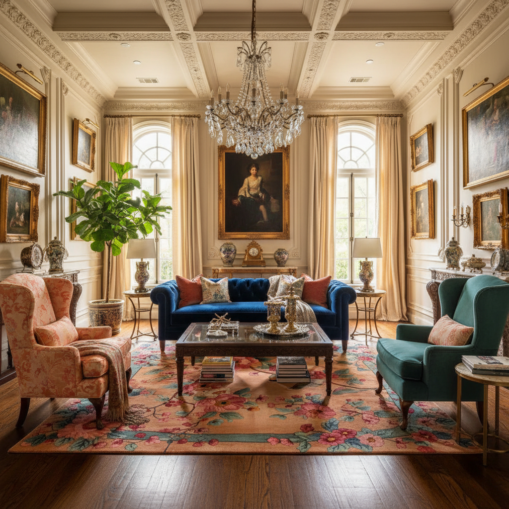 Luxurious living room with ornate ceiling, large windows, and elegant rug and furniture.