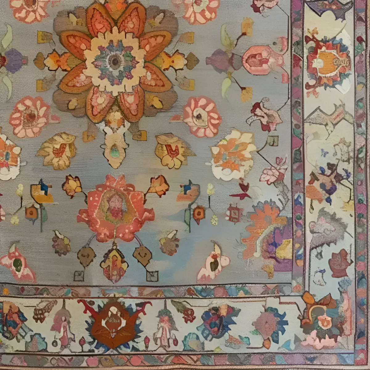 Beautiful hand-knotted area rug featuring a vibrant floral design, perfect for adding a touch of elegance to your dining room. This vintage Persian-inspired rug showcases intricate patterns and rich colors, ideal for those seeking dining room carpets that blend tradition with modern style.