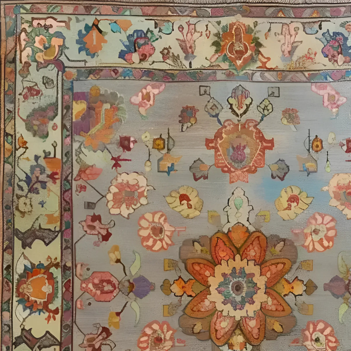 A close-up view of the Blooming Threads Hand Knotted Area Rug featuring intricate floral patterns typical of Persian rugs. The vintage design showcases a blend of vibrant colors including orange, blue, and pink, making it a perfect addition to dining room carpets. This floral rug adds a touch of elegance to dining room area rugs with its hand-knotted craftsmanship.