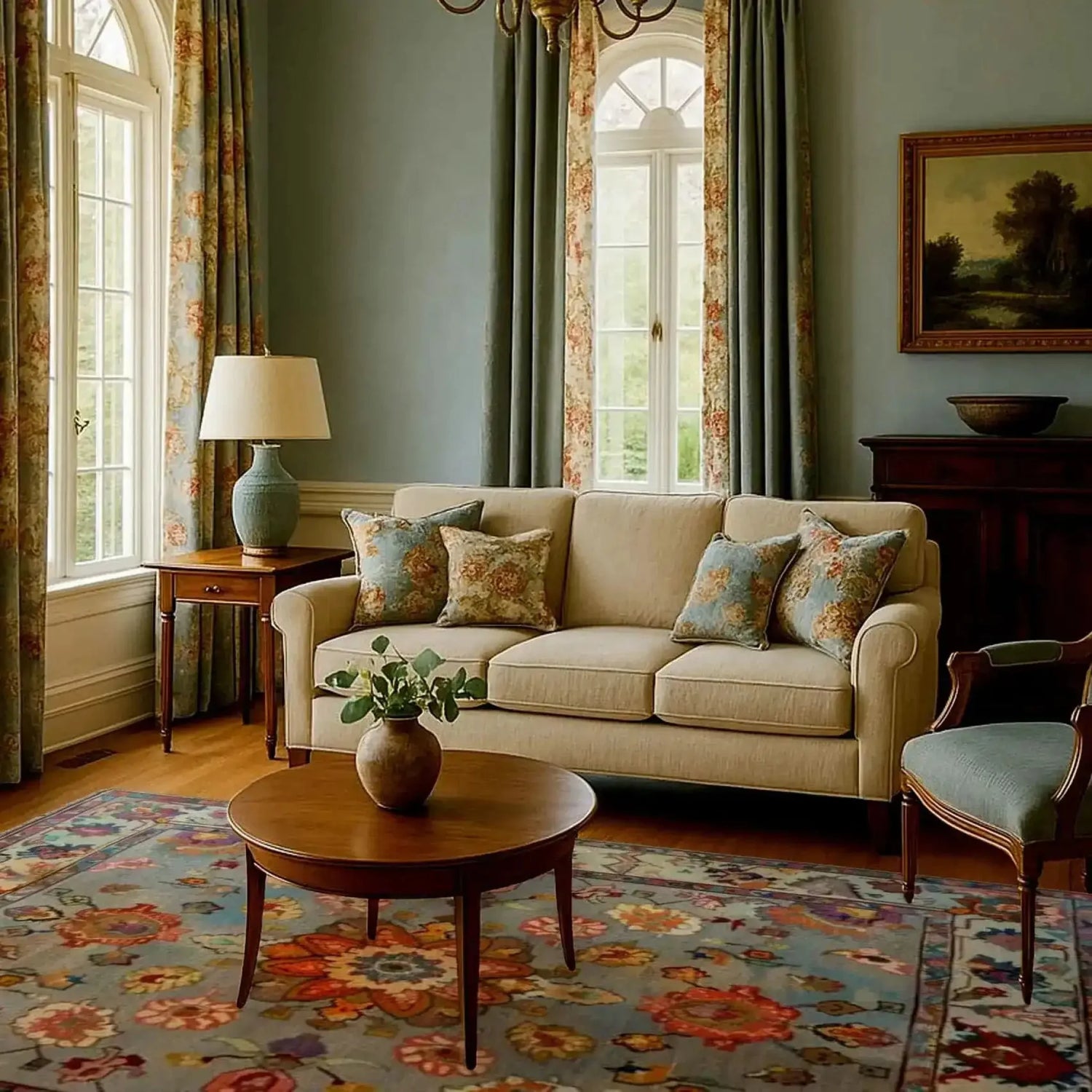 A beautifully decorated dining room featuring the Blooming Threads Hand Knotted Area Rug. The vintage rug showcases intricate floral patterns that add elegance to the space. A cozy beige sofa with floral pillows complements the Persian-inspired design, making it an ideal dining room carpet choice.