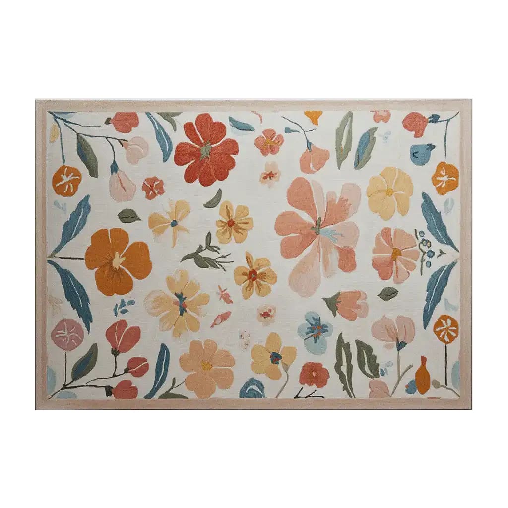 A beautifully designed area rug featuring a vibrant floral pattern in warm hues of orange, red, and yellow with soft blue and green leaves, perfect for adding a touch of nature to any room.