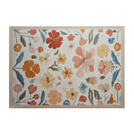A beautifully designed area rug featuring a vibrant floral pattern in warm hues of orange, red, and yellow with soft blue and green leaves, perfect for adding a touch of nature to any room.