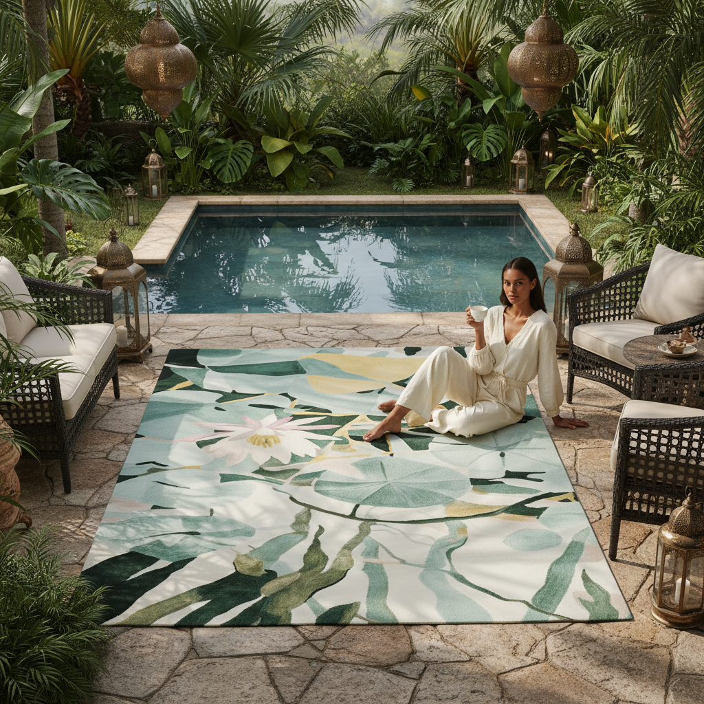 Woman sitting on a decorative rug by a pool with lush greenery around