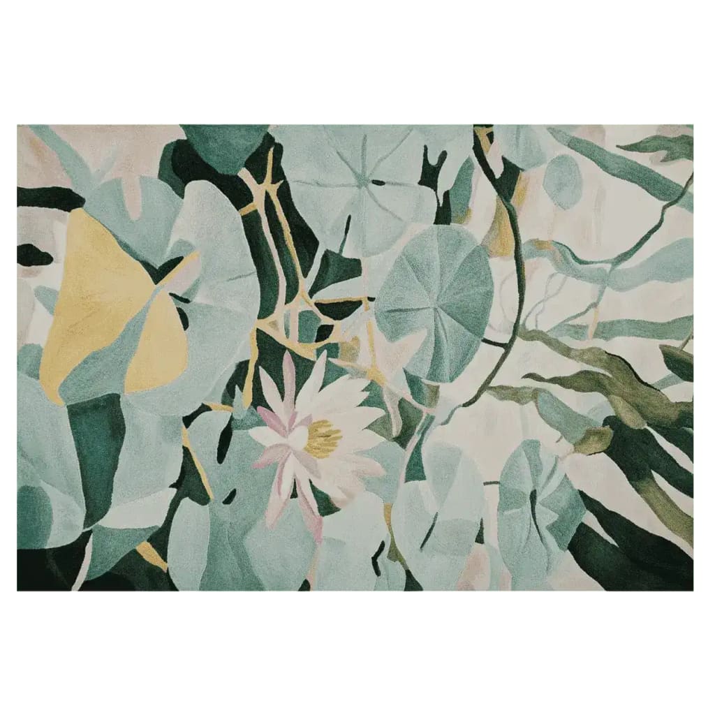 Top view of a Blooming Water Garden Hand Tufted Rug, showcasing a serene design with soft green and pastel hues resembling water lilies. Perfect for adding a touch of elegance to large living room spaces, this wool rug embodies a contemporary style, ideal for those seeking stylish living room area rugs.
