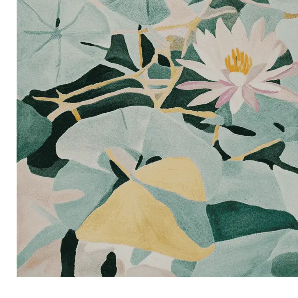A close-up view of the Blooming Water Garden Hand Tufted Area Rug showcasing a contemporary design with abstract floral patterns in shades of green, yellow, and pink. This wool rug is perfect for enhancing large living room spaces with its artistic flair.