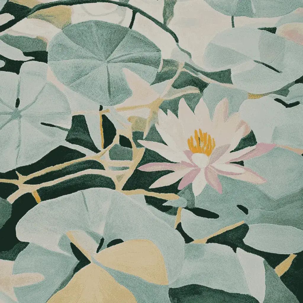 The Blooming Water Garden Hand Tufted Rug showcases a serene water lily design, perfect for contemporary living rooms. This large wool area rug features soft hues of green and pink, adding a touch of elegance to any space.