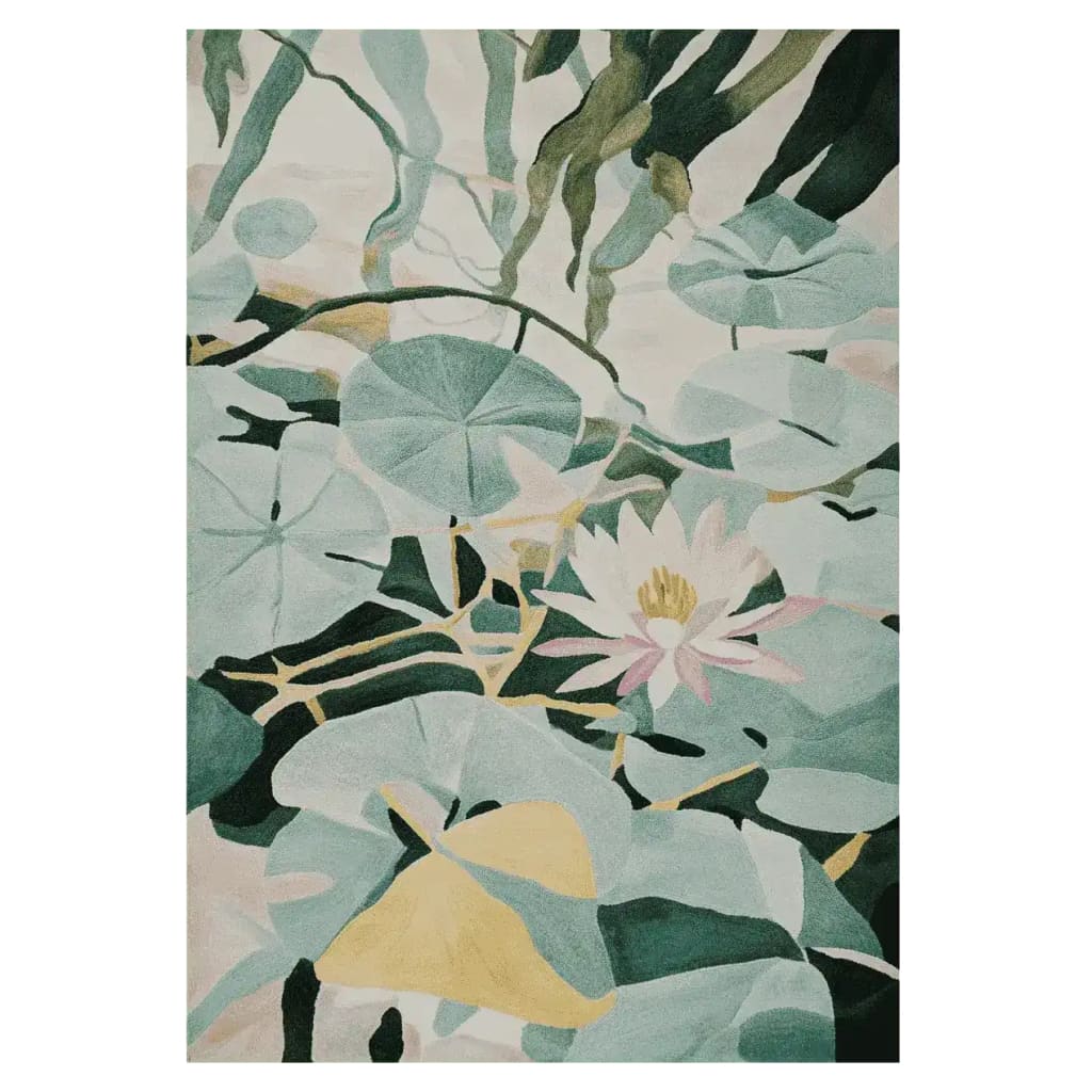 A beautifully designed area rug showcasing a serene water garden scene with lush green lily pads and a blooming water lily in soft pastel colors. This contemporary wool rug is perfect for adding a touch of nature to large living room spaces.