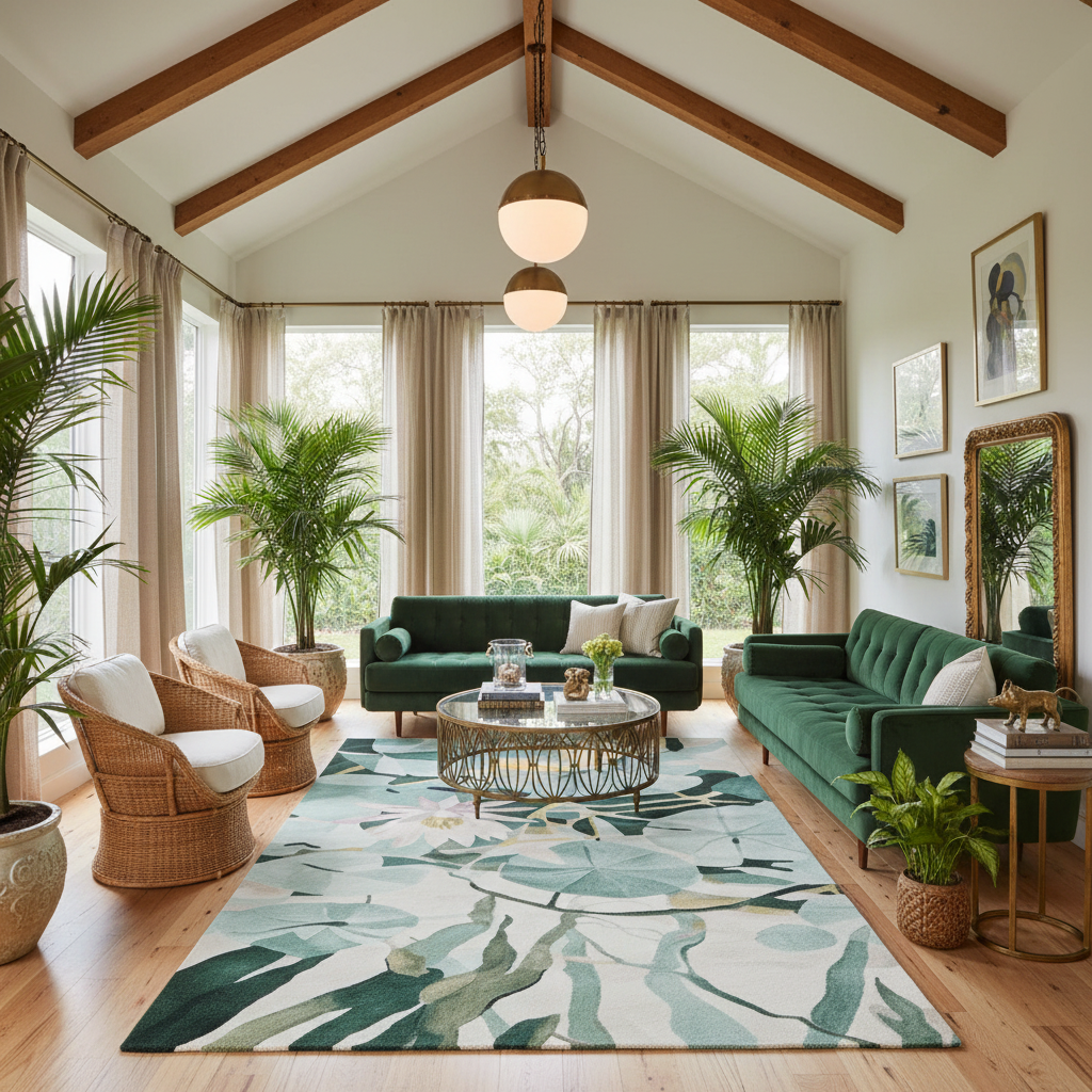 Modern living room with green sofas, a patterned rug, and decorative plants.