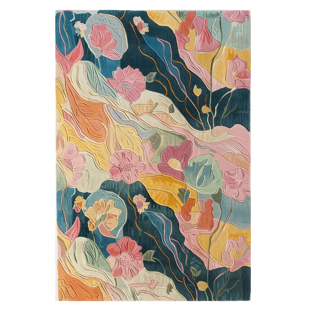 Vibrant Blooms of Ages hand-tufted wool area rug featuring an intricate floral design with shades of pink, blue, yellow, and green, offering a luxurious and artistic touch to any room.