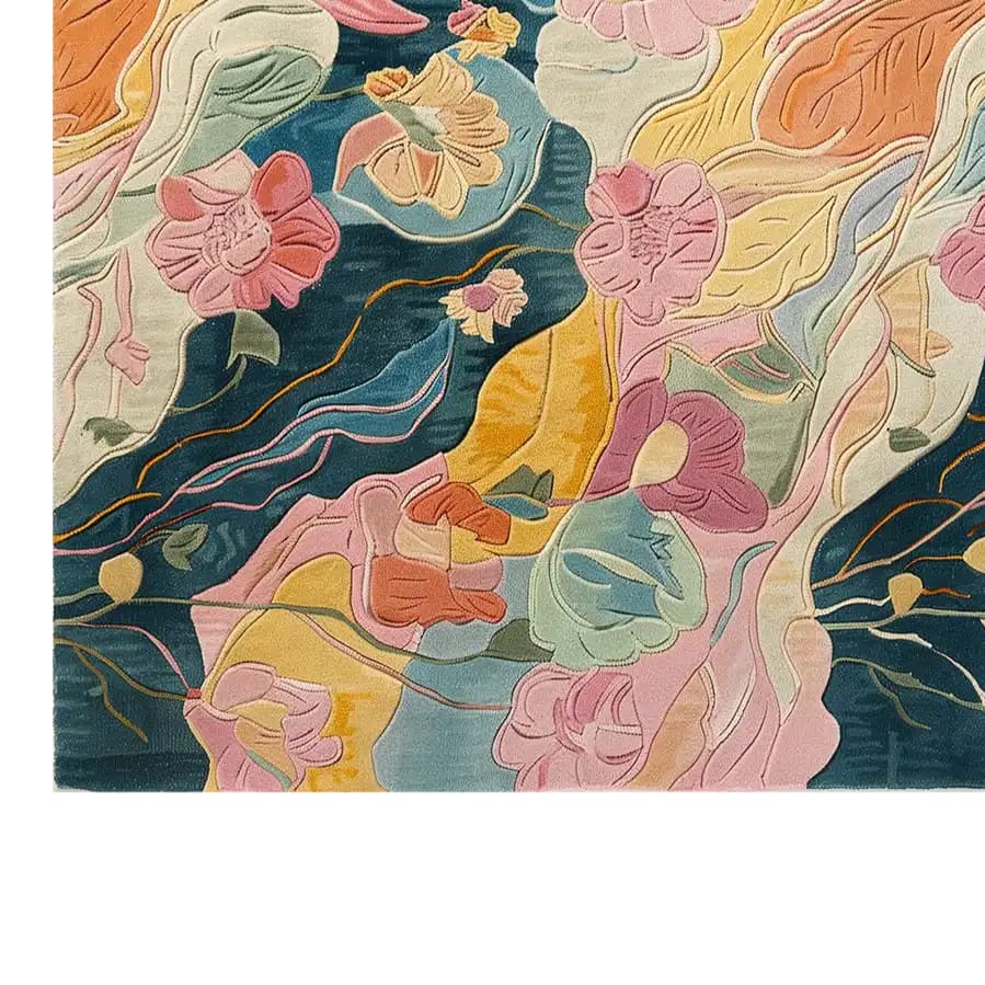 Vibrant area rug featuring an abstract floral design with swirling colors of pink, orange, blue, and yellow, creating a lively and artistic atmosphere.