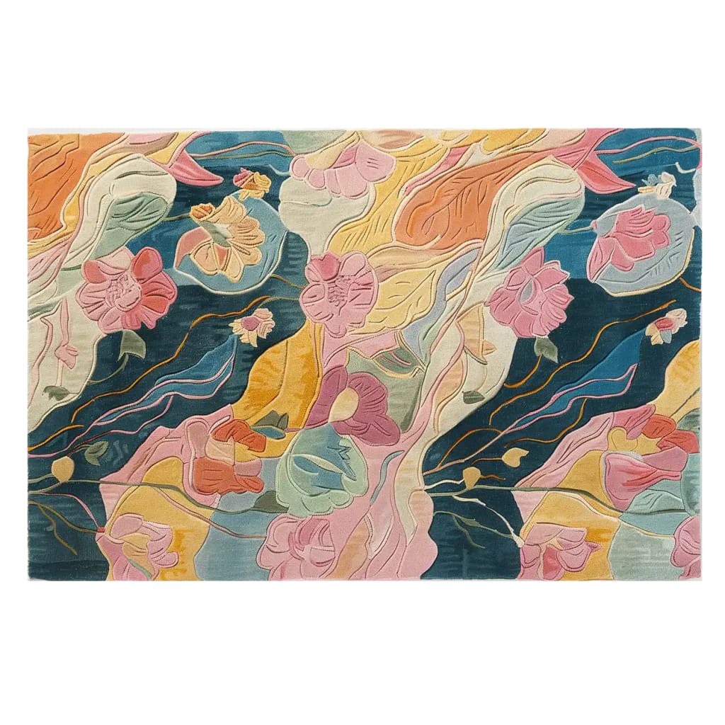 Vibrant Blooms of Ages hand-tufted wool area rug featuring an abstract floral design with colorful petals and flowing lines, adding a touch of artistic elegance to any room.