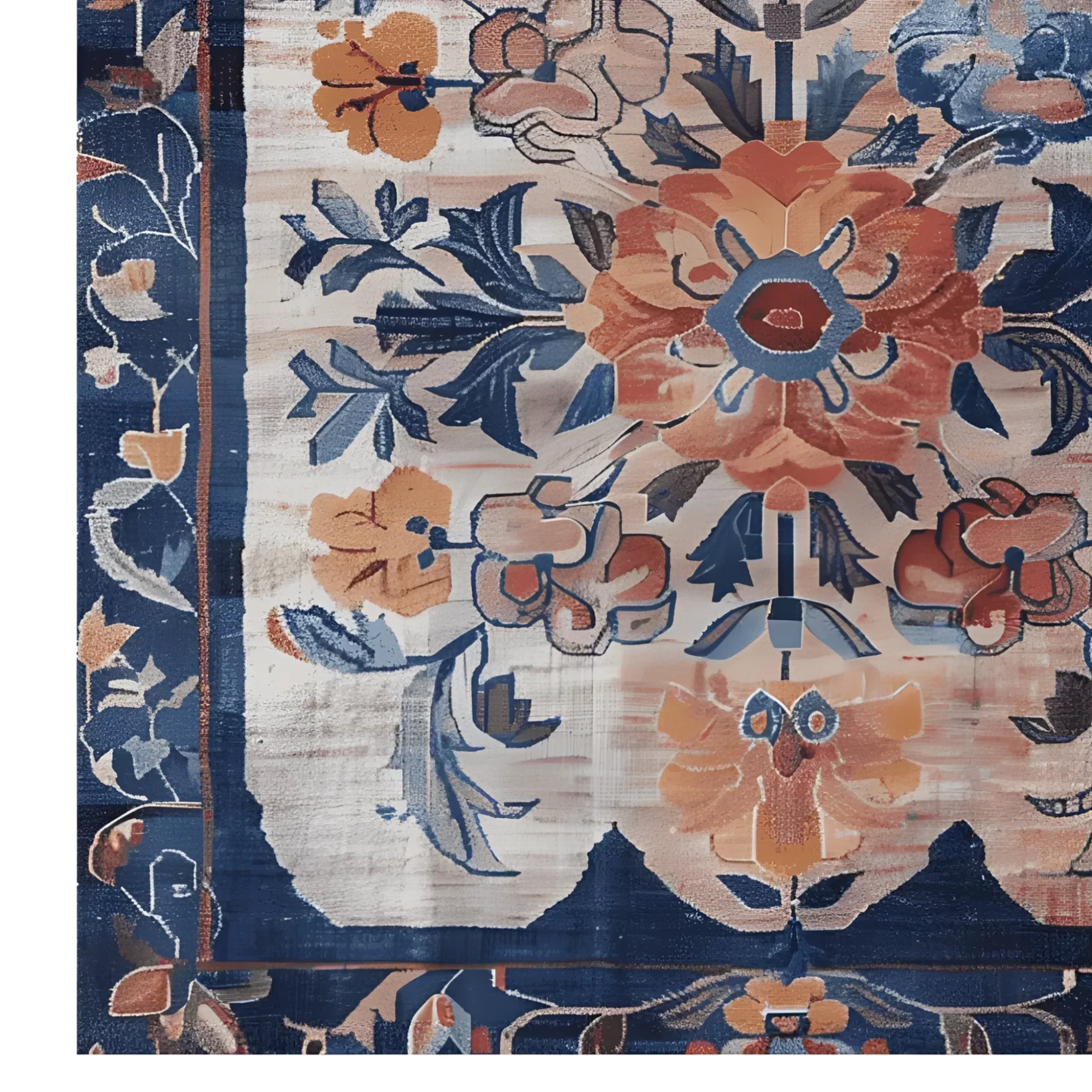 Close-up view of the Blossom Artistry Hand Knotted Rug showcasing intricate floral patterns in warm colors like orange and blue. This square area rug, inspired by Persian rugs, is perfect for adding elegance to a living room. Made of wool, it's an ideal large living room rug.