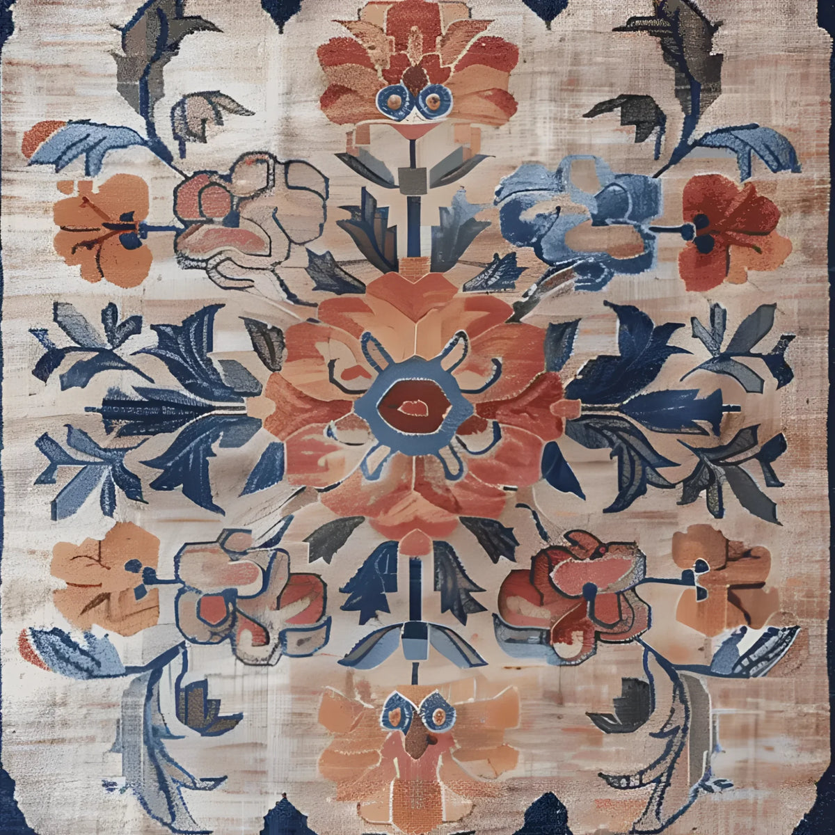 A beautifully detailed Blossom Artistry Hand Knotted Area Rug featuring an intricate floral design in vibrant shades of blue, orange, and beige. This square rug, reminiscent of classic Persian rugs, is perfect for adding a touch of elegance to a living room. Made from high-quality wool, this large living room rug offers both durability and style.