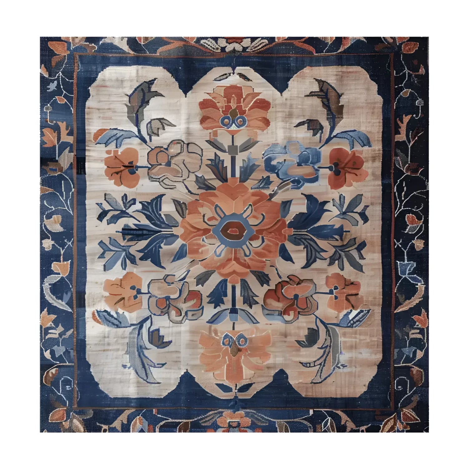 Top view of a Blossom Artistry Hand Knotted Rug, showcasing an intricate floral design with rich blue and orange hues, perfect for adding elegance to a living room. This square area rug, inspired by Persian rugs, is crafted from high-quality wool, ideal for large living spaces.