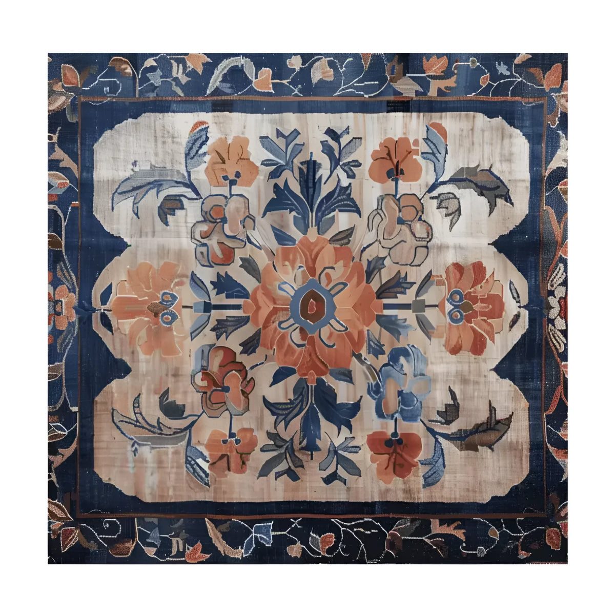 Beautiful Blossom Artistry Hand Knotted Area Rug featuring intricate Persian designs in warm earth tones and deep blues. This square area rug is perfect for enhancing any living room with its elegant floral patterns and luxurious wool texture.