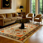 Elegant living room featuring a Blossom Breeze Hand Knotted Area Rug with a floral design, perfect for adding a touch of Persian elegance to your space. This vibrant floral rug enhances the classic decor, making it an ideal choice for rugs for living room settings.