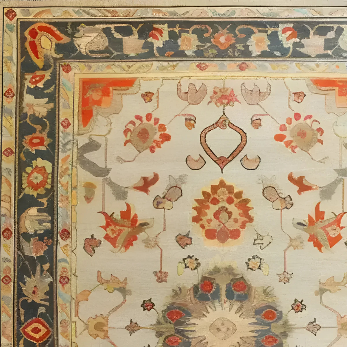 Close-up view of the Blossom Breeze Hand Knotted Area Rug showcasing intricate floral patterns and vibrant colors, ideal for rugs for living room. This Persian-inspired floral rug features a rich border and detailed design elements.