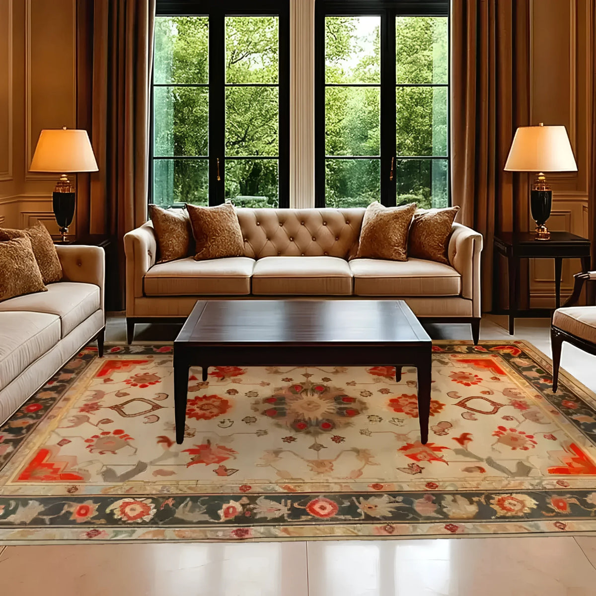 Elegant Blossom Breeze Hand Knotted Area Rug in a cozy living room setting. The floral rug features intricate Persian-inspired designs with vibrant hues, perfect for enhancing your rugs for living room collection.
