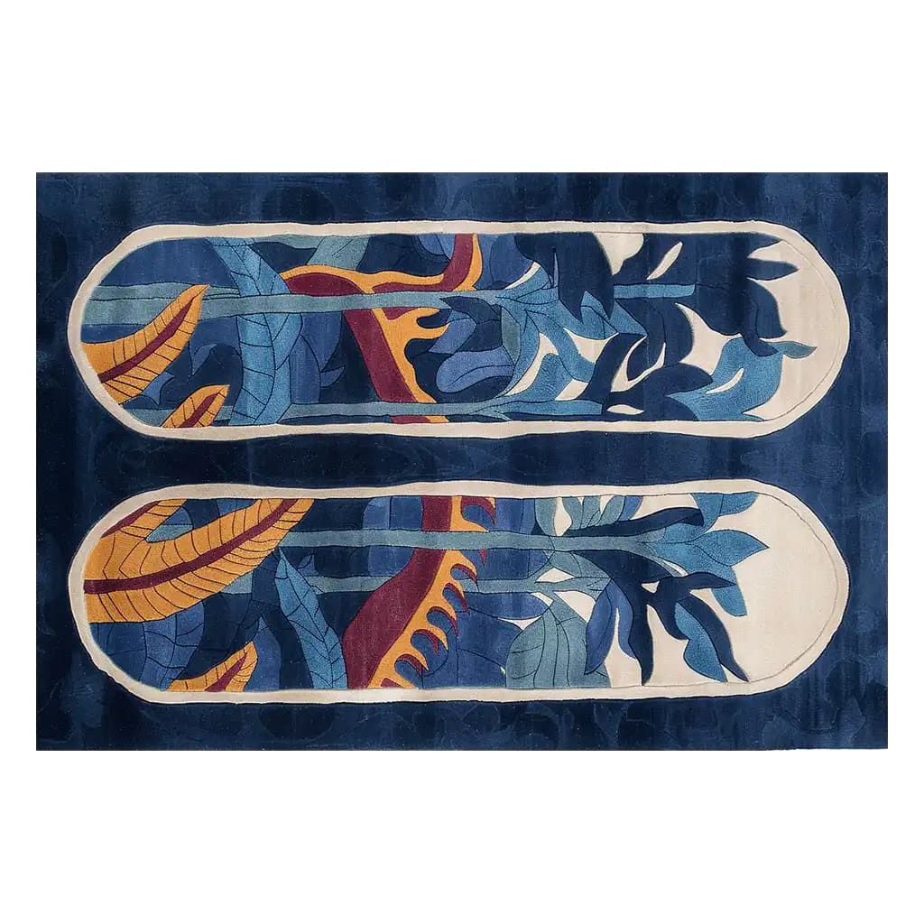 A vibrant Blossom Canopy hand-tufted wool area rug featuring an abstract design with bold blue and yellow foliage patterns set against a deep navy background. The intricate detailing of the rug adds a touch of elegance to any room decor.