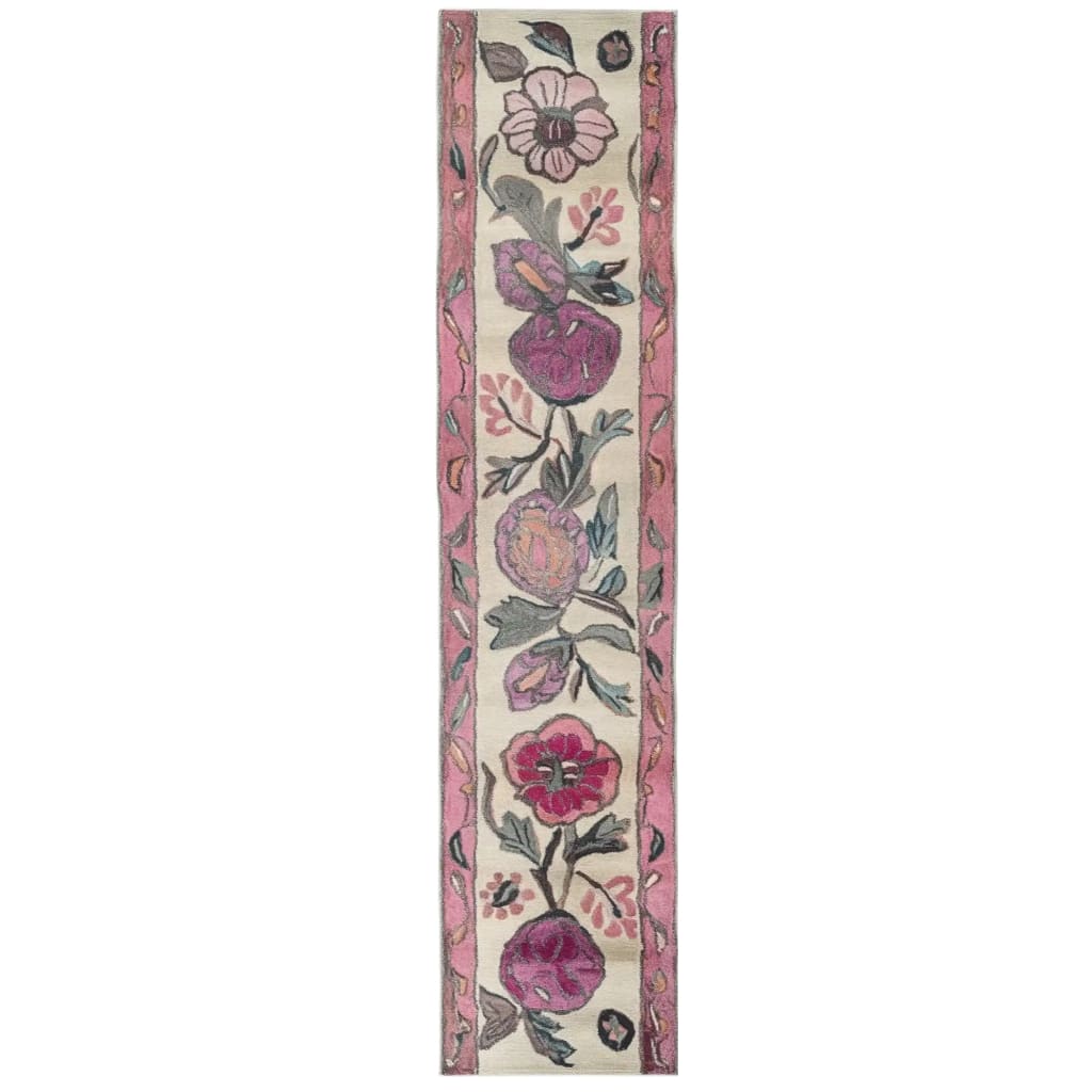 Blossom Cascade Hand Tufted Wool Runner Rug featuring a vibrant floral design with pink and purple flowers on a cream background. Perfect for adding a touch of elegance to kitchen rugs, kitchen runner rugs, bathroom runner rug, or hallway runner rug settings.