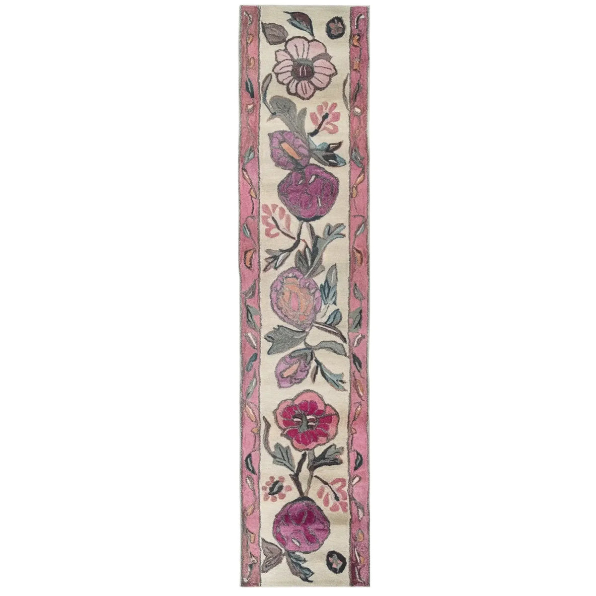 Blossom Cascade Hand Tufted Wool Runner Rug featuring a vibrant floral design with pink and purple flowers on a cream background. Perfect for adding a touch of elegance to kitchen rugs, kitchen runner rugs, bathroom runner rug, or hallway runner rug settings.