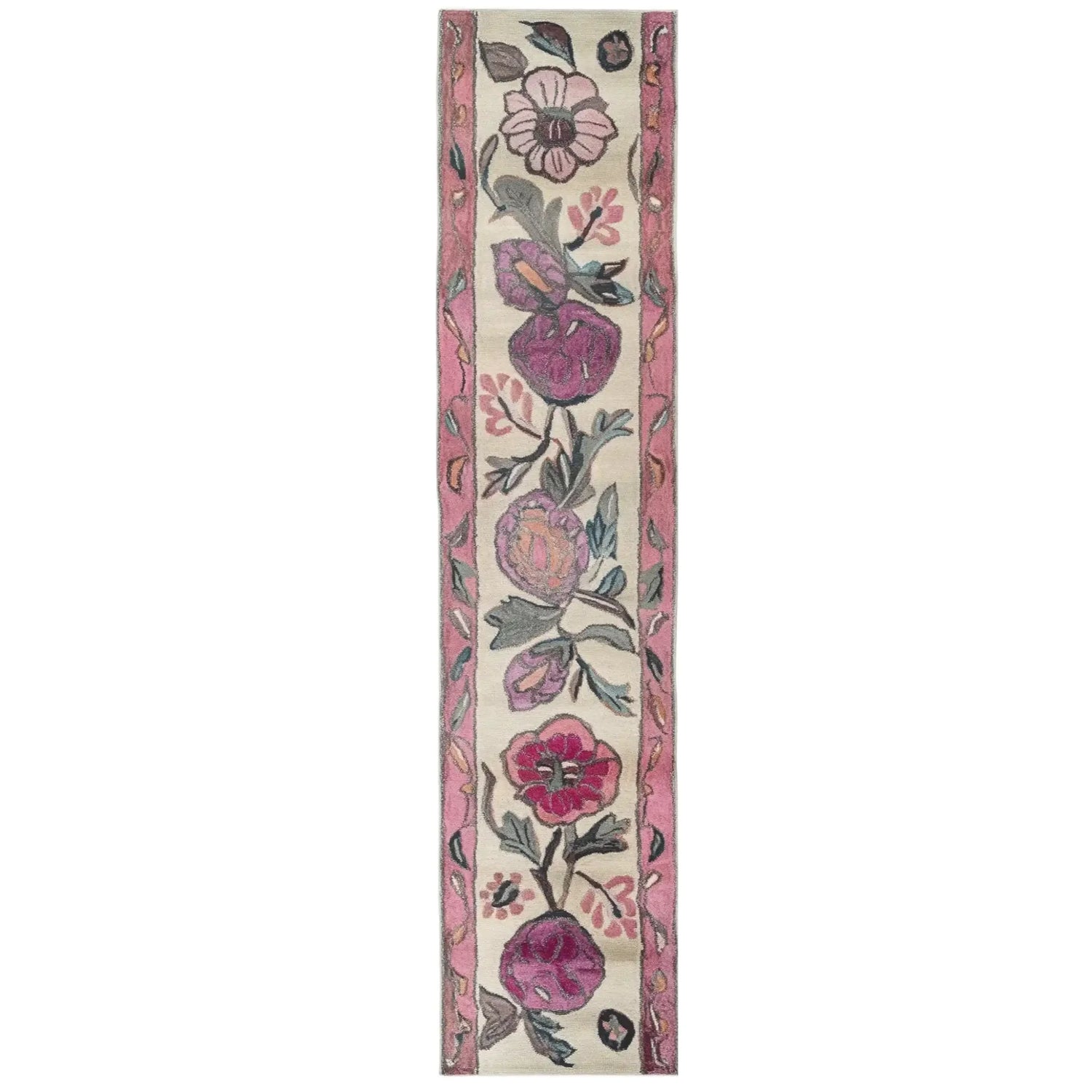 Blossom Cascade Hand Tufted Wool Runner Rug featuring a vibrant floral design with pink and purple flowers on a cream background. Perfect for adding a touch of elegance to kitchen rugs, kitchen runner rugs, bathroom runner rug, or hallway runner rug settings.
