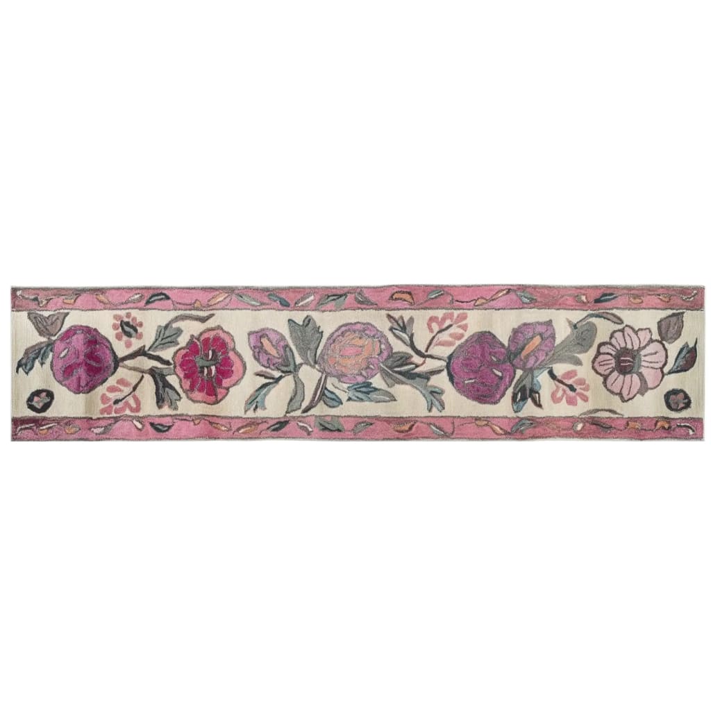Beautiful Blossom Cascade Hand Tufted Wool Runner Rug featuring a vibrant floral design with pink and purple flowers, ideal for kitchens, bathrooms, or hallways. A perfect wool rug for adding elegance and color to any space.