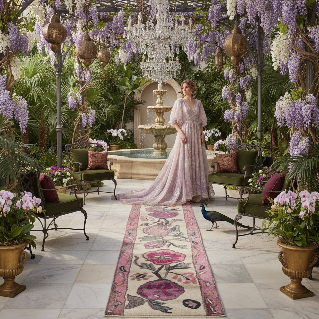 Woman in a pink dress standing in a luxurious garden with a fountain, surrounded by flowers, a floral wool runner rug, and decorative elements.