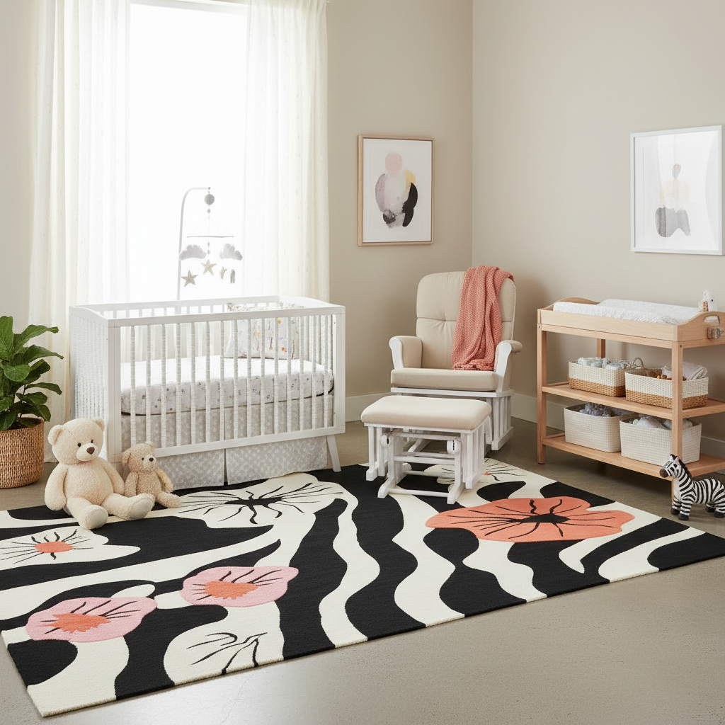 Nursery room with a crib, rug, and furniture.
