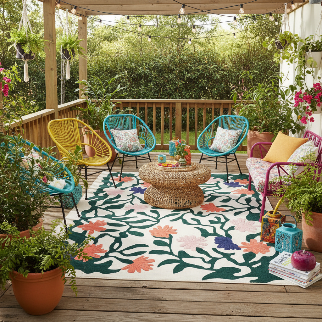 Outdoor patio with colorful furniture, a floral rug, and potted plants.